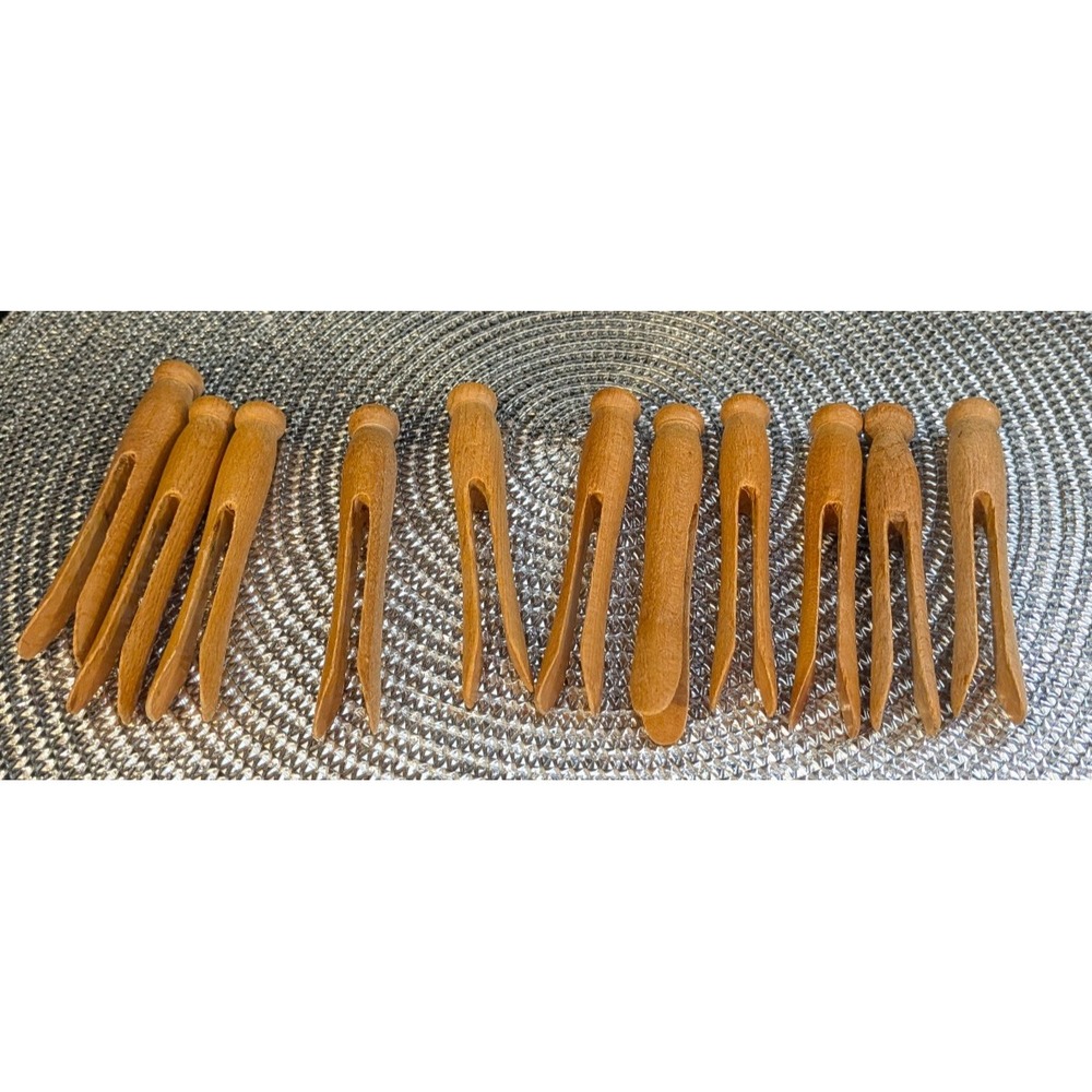 Lot Of 11 Antique Vintage Solid Wood Clothes Pins Round Head Primitive Wooden